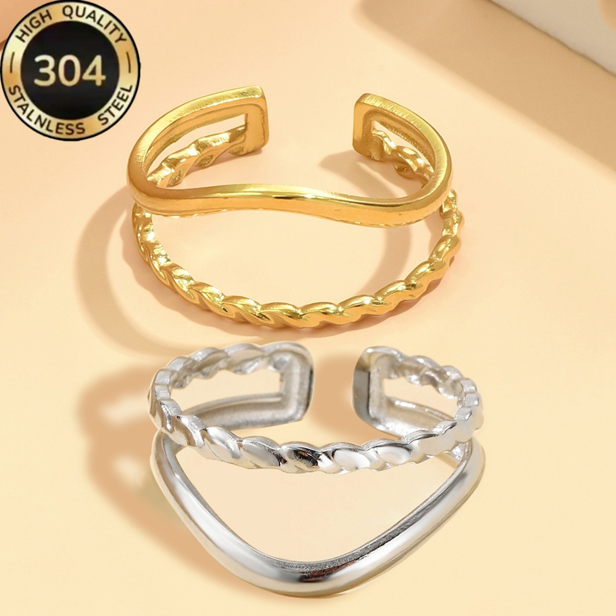 Bohemian Style Double Opening Ring, 304 Stainless Steel